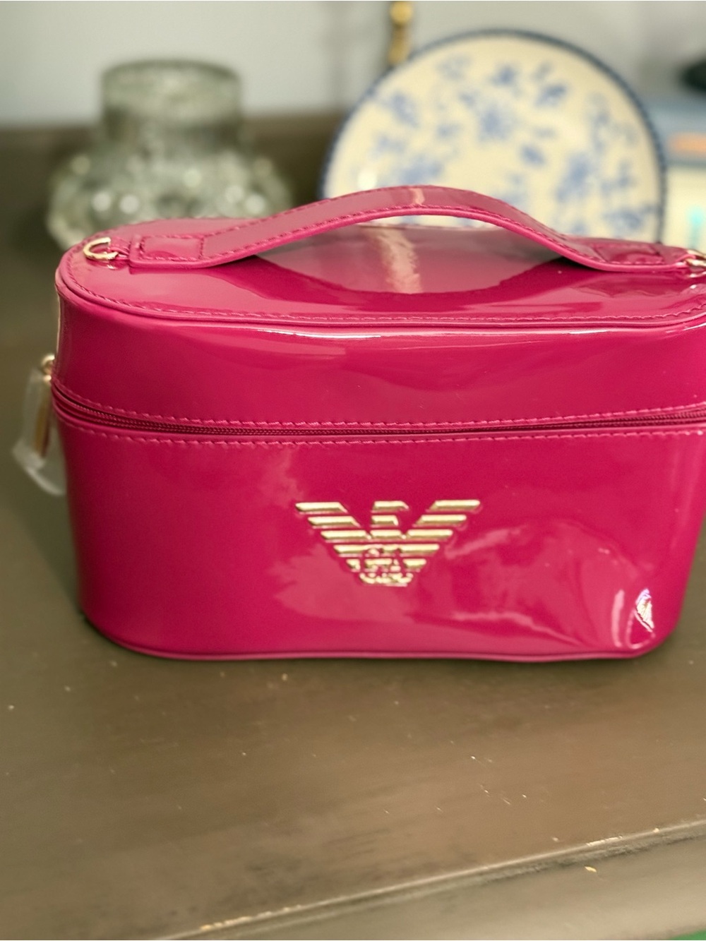 Emporio Armani Beauty Hot Pink Patent Vanity Cosmetic Makeup Bag Gold Logo NWT